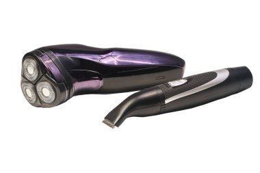Cordless electric razor and beard and mustache trimmer on white background.