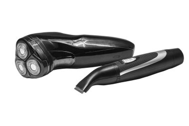 Cordless electric razor and beard and mustache trimmer on white background, black and white image.