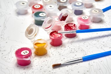 Resimler için suluboya boya kavanozlarını ve fırçaları arkaplandaki rakamlarla numaralandırın.