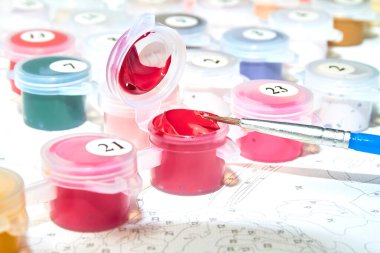 Resimler için suluboya boya kavanozlarını ve fırçaları arkaplandaki rakamlarla numaralandırın.