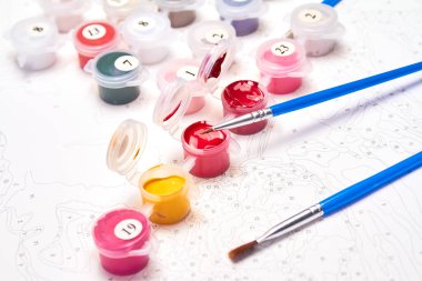 Resimler için suluboya boya kavanozlarını ve fırçaları arkaplandaki rakamlarla numaralandırın.