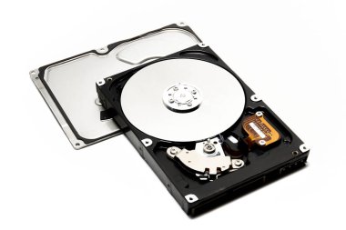 Open hard drive isolated on white background. Computer storage device. Computer hard drive HDD. computer memory.
