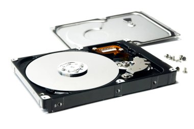 Open hard drive isolated on white background. Computer storage device. Computer hard drive HDD. computer memory.