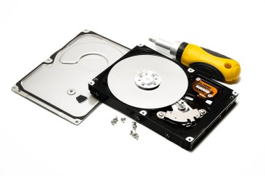 Open hard drive and screwdriver isolated on white background closeup. Computer hard drive HDD. computer memory.