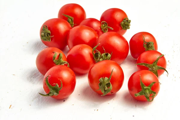 Group Red Cherry Tomatoes Ripe Organic Tomatoes Light Wooden Background — Stock Fotó