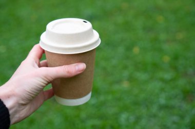 Yeşilde tek kullanımlık bardak. Sonbahar kahvesi. Parktaki kağıt bardakta kahve. Sabah kahvesi