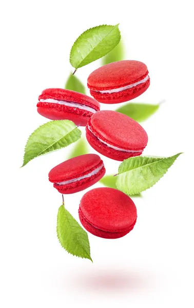 Cherry Macaroons Isolated White Background Cherry Berries Leaves — Stock Photo, Image