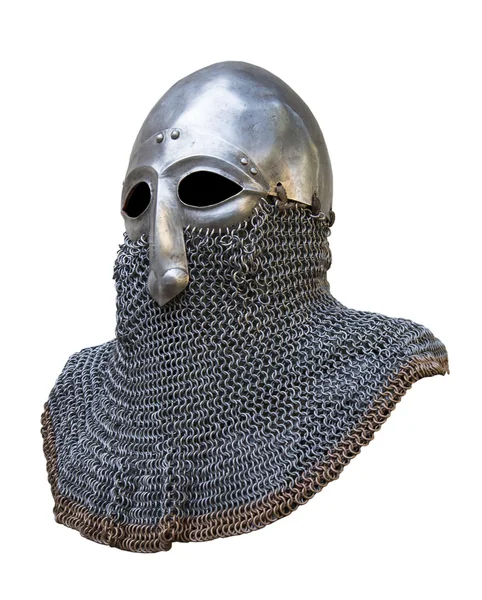 Simple helmet knight with chain mail. side view — Stock Photo, Image