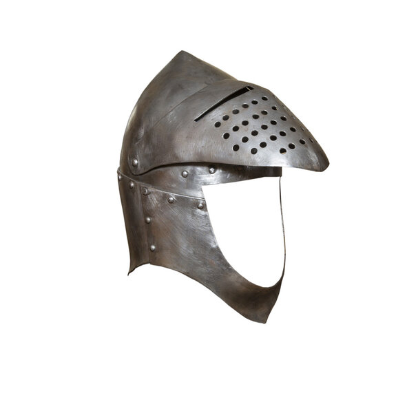 Knight helmet, visor open. side view