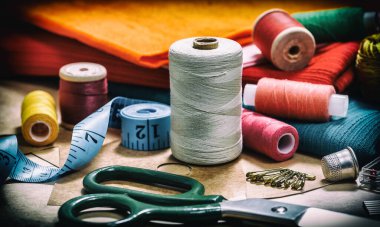 Dikiş için iplik dikmek ve dikiş işi için çeşitli aksesuarlar. Dikiş için bir takım aksesuarlar, iplik makaraları, kumaşlar, makas ve yüksük gibi yakın çekim. Retro biçimi 