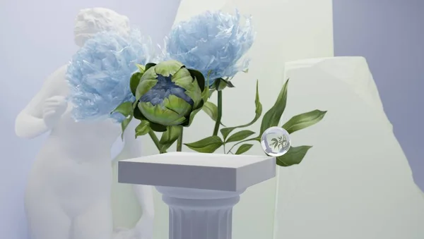 Fundo estilo clássico grego com flores e esculturas de mármore para exibição do produto. Fundo desfocado. Renderização 3d. — Fotografia de Stock