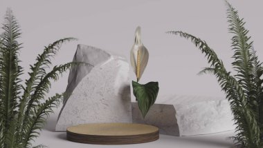 mermer dokuma masası ve yeşil yapraklı duvar ürünü arka plan 3D perspektifli stüdyo fotoğrafçılığı standı. Banner mokc up space for showcase uret.bos kontra-topoloji. çevre dostu kavram.