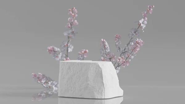 Pódio elegante para a exibição de perfumaria, presentes e produtos cosméticos. Pedra dividida em tons brancos com plantas. com espaço de cópia - renderização 3D. — Fotografia de Stock