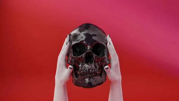 Representación Cráneo Sosteniendo Cráneo Las Manos Una Mujer —  Fotos de Stock