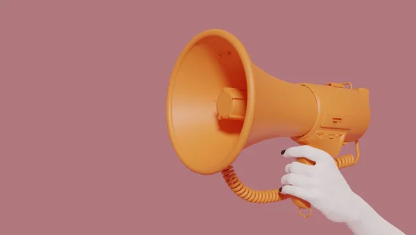 Kobieca ręka trzymająca pomarańczowy megafon na różowym tle. Kreatywna koncepcja ogłoszenia. Głośny głos kobiet. Prawa kobiet i głos. Reklama makieta z miejsca na tekst. — Zdjęcie stockowe