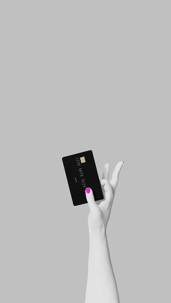 3d rendering of a womans hands holding a card and making the gesture of paying. Template for mockup. — Stockfoto