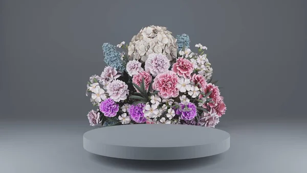 3D renderização multi flores cores de fundo com forma geométrica pódio para exibição do produto, conceito mínimo, ilustração Premium elementos florais pastel, beleza, cosmético, dia dos namorados. — Fotografia de Stock
