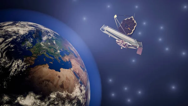 James Webb teleskopu uzayda. NASA tarafından döşenmiş bu iamge elementleri. 3d oluşturma.