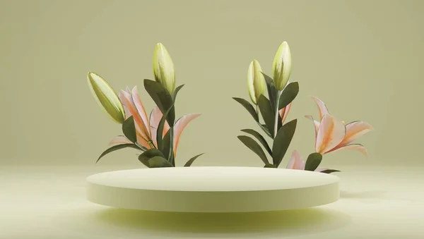 Podium, stand, showcase on pastel light, background and flowers. for premium product with nature plant, leaves.3d render. — Fotografia de Stock