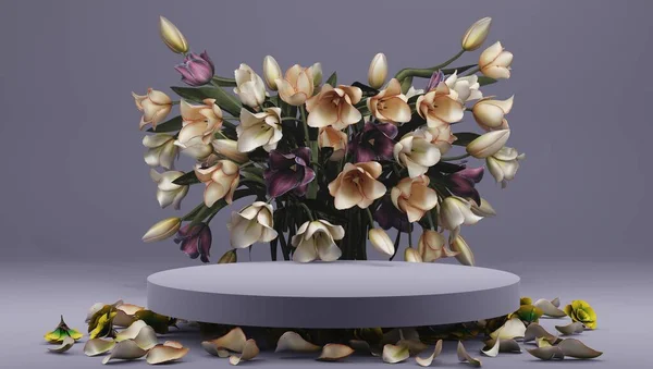 Abstract minimal scene with geometric forms. podium on colours background with flowers. product presentation, mock-up, cosmetic display, Podium, stage plinth or platform. 3d rendering. — Stockfoto