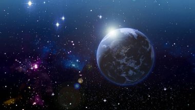 Uzayın derinliklerinde Dünya gezegeninin yüzeyinde. Dış karanlık uzay duvar kâğıdı. Gezegende bir gece, şehirler aydınlık. Yörüngeden bak. Bu görüntünün elementleri NASA tarafından desteklenmektedir.