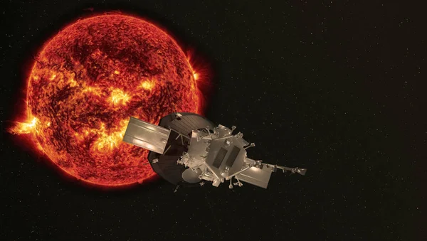 Uma sonda para estudar o sol, aproximando-se de uma estrela. Elementos desta imagem foram fornecidos pela NASA. Renderização 3d. — Fotografia de Stock