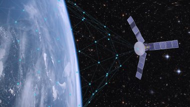Tüm dünyayı kapsayan uydu iletişim ağı. 3D görüntüleme. Bu görüntünün elementleri NASA tarafından desteklenmektedir.