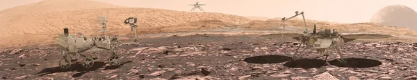 Rover perseverance and insight probe appear together on Mars surface. Elements of this image furnished by NASA. 3d rendering. — ストック写真