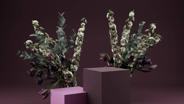 3d podium for cosmetics demonstration. The square stage is white with pink flowers on the background of the walls with shadow from the sunlight. 3d rendering. — Fotografia de Stock
