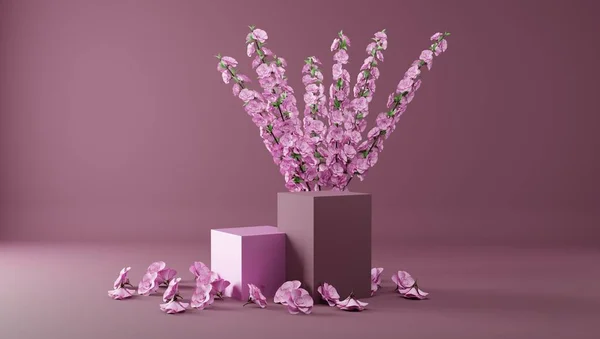 3d podium for cosmetics demonstration. The square stage is white with pink flowers on the background of the walls with shadow from the sunlight. 3d rendering. — Fotografia de Stock