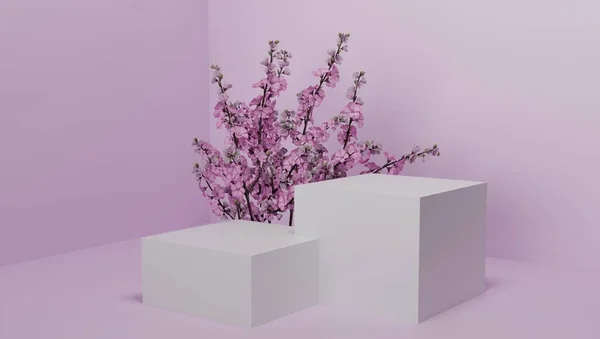 3d podium for cosmetics demonstration. The square stage is white with pink flowers on the background of the walls with shadow from the sunlight. 3d rendering. — Fotografia de Stock