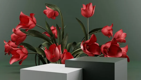 3d podium for cosmetics demonstration. The square stage is white with pink flowers on the background of the walls with shadow from the sunlight. 3d rendering. — Stockfoto