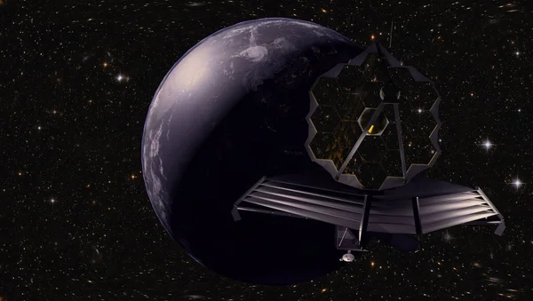 James Webb teleskobu Dünya 'nın yörüngesindeki uzayda. Gezegen yüzeyi ve uydu. NASA tarafından döşenmiş bu iamge elementleri. 3d oluşturma.
