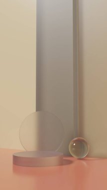 Cam geometrik platformlu silindir minimal sahne. Arka plan 3D kristal cam podyum platformu. stand kozmetik ürünleri