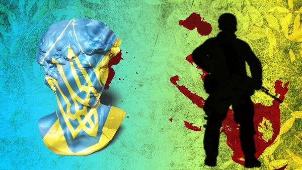 ミケランジェロのダビデの頭の上に ロシア兵の影と血で染まった手でウクライナの旗 戦争における恐怖の概念 — ストック写真