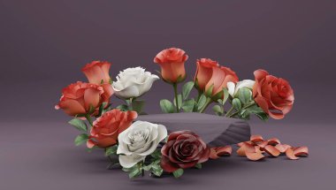 Kozmetik ürünleri sunumu için doğal ahşap podyum ve yeşil yapraklar. Minimum kozmetik arka plan. 3d oluşturma.