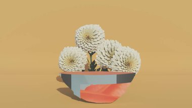 Doğal pastel renkli kozmetik ürünler için arka plan. Beyaz arka planda taş podyum ve kuru çiçek. Ön manzara. 3d oluşturma.