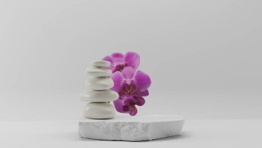 Açık mavi arka planda çiçeklerle uzanan bir taşın minimalist bir sahnesi. Ürün ve kozmetik sunumu için podyum. Doğal ürünler sahnesi olan bir gösteri. 3d oluşturma.