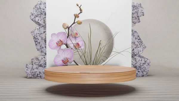 Uma cena minimalista de uma pedra deitada com flores em um fundo azul claro. Passarela para a apresentação de produtos e cosméticos. Mostra com uma etapa de produtos naturais. Renderização 3d. — Fotografia de Stock