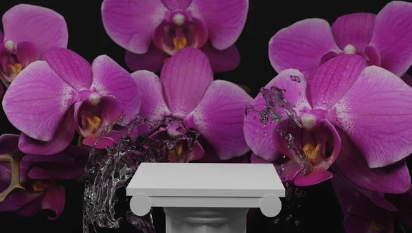 Podio per esporre profumi, cosmetici e prodotti da bagno con motivi floreali. rendering 3d. — Foto Stock
