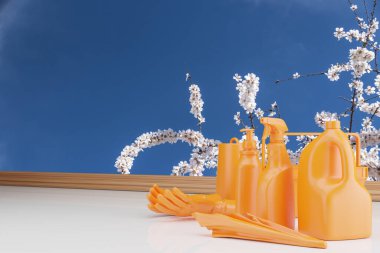 Badem ağaçlarının çiçekli arka planında turuncu renkli çeşitli temizlik ürünleri. 3d oluşturma.
