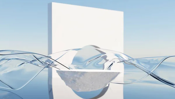 Podiumsständer für kosmetische Produkte. Glasband im Wind auf dem Wasser. abstrakte Tapete für Banner. 3D-Darstellung. — Stockfoto