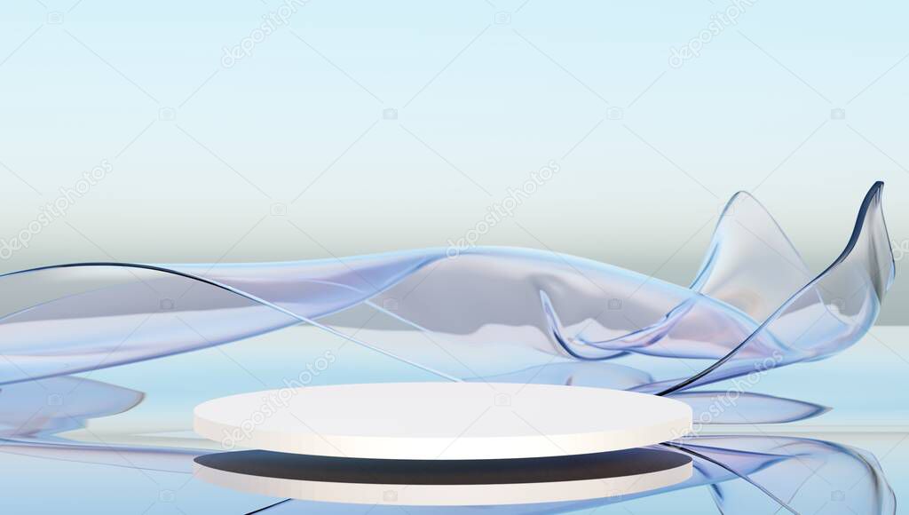 Podium pedestal for cosmetic products display. Glass ribbon in the wind on water. abstract wallpaper for banner. 3d rendering.