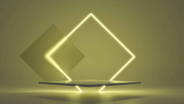 ネオン輝く透明ガラスリングと3Dレンダリング黄色のプラットフォーム。製品設計ショーのための空のスペースと幾何学的な形状組成。ミニマルなバナーモックアップ. — ストック写真