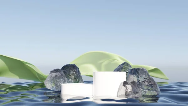 Une plate-forme de glace pour afficher votre rendu 3D procuré, entouré de pierres de glace sur fond blanc. — Photo