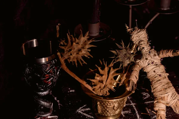 Voodoo bebeği, siyah mumlar, pentagram ve cadı masasında eski kitaplar. Esrarengiz, esrarengiz, kehanet ve cadı kavramı. Mistik, vudu ve klasik geçmiş.
