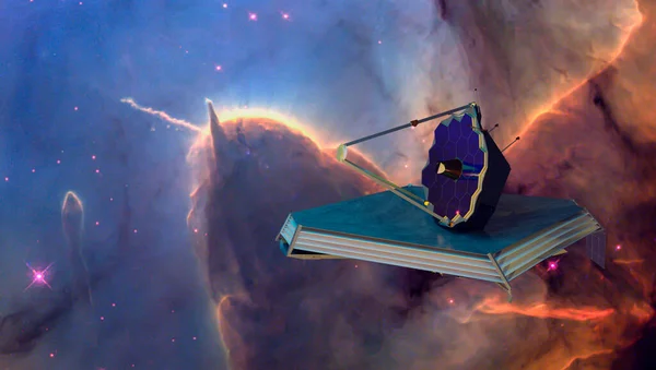James Webb teleskobu Dünya 'nın yörüngesindeki uzayda. Gezegen yüzeyi ve uydu. NASA tarafından döşenmiş bu iamge elementleri. 3d oluşturma.