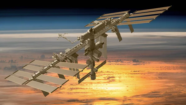 International Space Station over the planet Earth. Elements of this image furnished by NASA. 3d rendering. — Stock Photo, Image