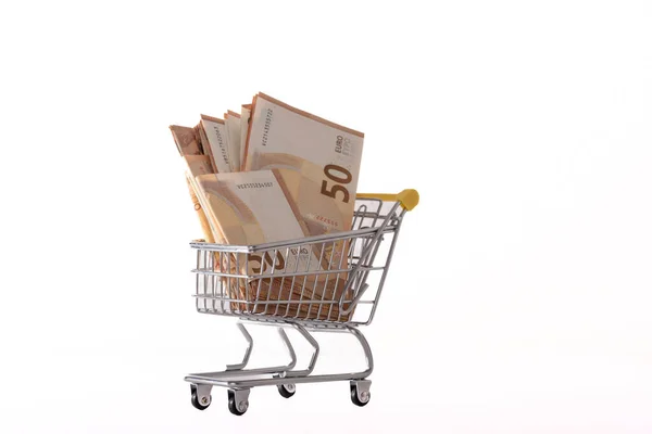 Carro Supermercado Juguete Carrito Compras Con Dinero Aislado Sobre Fondo — Foto de Stock