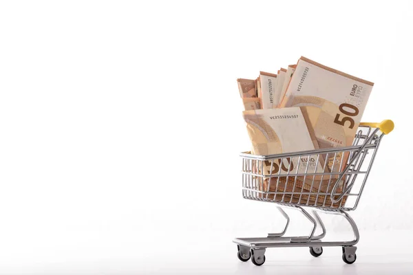 Візок Супермаркету Іграшок Або Візок Покупок Грошима Ізольовані Білому Тлі — стокове фото